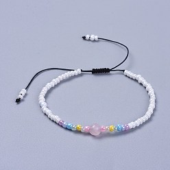 Quartz Rose Fils de nylon ajustables bracelets de perles tressées, avec perles rondes en quartz rose naturel et perles de verre, 1-7/8 pouce (4.9 cm)