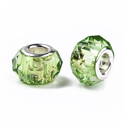 Vert Jaune Résine transparente perles européennes, cristal d'imitation, Perles avec un grand trou   , laiton avec ton argent noyaux doubles, facette, rondelle, vert jaune, 14x9.5mm, Trou: 5mm