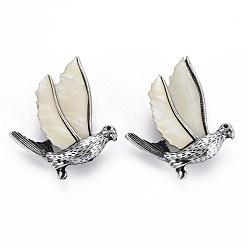 Floral White Natural White Shell Bird Brooch, Alloy Lapel Pin with Loop for Backpack Clothes Pendant Jewelry, Cadmium Free & Lead Free, Antique Silver, Floral White, 50x39.5x16mm, Hole: 4.5x6mm, Pin: 0.7mm
