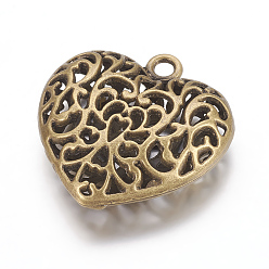 Antique Bronze Alloy Pendants, Cadmium Free & Nickel Free & Lead Free, Heart, Antique Bronze, Size: about 35mm long, 34.5mm wide, 11mm thick, hole: 3.5mm