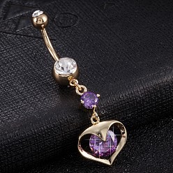 Purple Piercing Jewelry, Brass Cubic Zirconia Navel Ring, Belly Rings, with Surgical Stainless Steel Bar, Cadmium Free & Lead Free, Real 18K Gold Plated, Heart, Purple, 50x15mm, Bar: 15 Gauge(1.5mm), Bar Length: 3/8"(10mm)