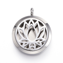 Mixed Color 316 Surgical Stainless Steel Diffuser Locket Pendants, with Perfume Pad and Magnetic Clasps, Flat Round with Lotus, Stainless Steel Color, Mixed Color, 36.5~37x30x6~6.5mm, Hole: 5mm, inner diameter: 23mm