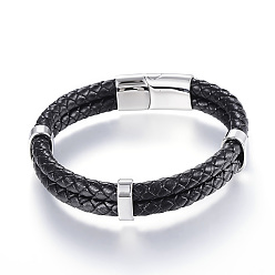 Черный Плетеный кожаный шнур mkulti-strand браслеты, с 304 из нержавеющей стали магнитной застежкой, чёрные, 8-5/8 дюйм (220 мм) x 12~15x6~9 мм