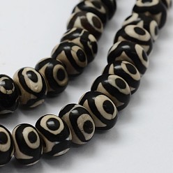 Black Tibetan Style 3-Eye dZi Beads Strands, Natural Agate Beads, Dyed & Heated, Rondelle, Black, 12~12.5x7~8mm, Hole: 3mm, about 47pcs/strand, 14.5 inch(370mm)