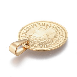 Golden 304 Stainless Steel Coin Pendants, Flat Round with Marianne and Word Republique Francaise, Golden, 20x1.7mm, Hole: 3.5x7.5mm