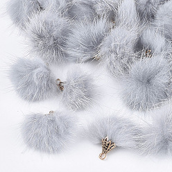 Gris Clair Décorations pendantes de pompon en fausse fourrure de vison, avec les accessoires en alliage, Or antique, gris clair, 20~30x28~30mm, Trou: 1.8mm