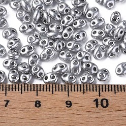 Silver Colours Luster Czech Glass Seed Beads, Metallic Colours, 2-Hole, Oval, Silver, 5x3.5x2.5mm, Hole: 0.9mm, about 500g/bag
