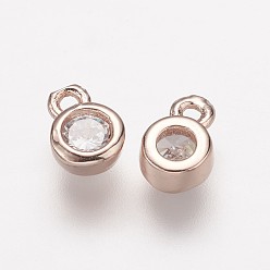 Real Rose Gold Plated Brass Micro Pave Grade AAA Cubic Zirconia Charms, Lead Free & Nickel Free & Cadmium Free, Flat Round, Real Rose Gold Plated, 6.5~7.5x4.3x2mm, Hole: 1mm