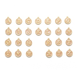 PeachPuff Initial Letter A~Z Alphabet Enamel Charms, Flat Round Disc Double Sided Charms, Golden Plated Enamelled Sequins Alloy Charms, PeachPuff, 14x12x2mm, Hole: 1.5mm, 26pcs/set