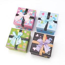 Mixed Color Heart Pattern Cardboard Jewelry Boxes, for Watch/Bracelet, with Ribbon Bowknot and Cloth Pillow, Square, Mixed Color, 9x9x5.8cm