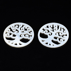 Shell Natural Freshwater Shell Filigree Joiners, Flat Round with Tree of Life, 27.5x1.5mm