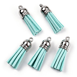 Turquoise Faux Suede Tassel Pendant Decorations, with CCB Plastic Cord Ends, Platinum, Turquoise, 35~37x10mm, Hole: 1.8mm