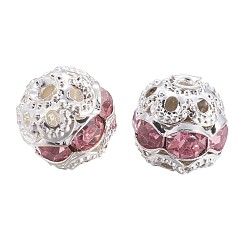 Light Rose Brass Rhinestone Beads, Grade A, Silver Color Plated, Round, Light Rose, 8mm, Hole: 1mm, 20pcs/box