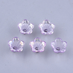 Violet Transparent Acrylic Bead Caps, Trumpet Flower Beads, AB Color, 5-Petal, Flower, Violet, 10x14x13.5mm, Hole: 1.6mm, about 1370pcs/500g
