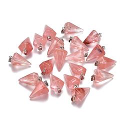 Cherry Quartz Glass Cone/Spike/Pendulum Dyed Cherry Quartz Glass Stone Pendants, with Platinum Plated Iron Findings, 25~27x14x14mm, Hole: 6x3mm