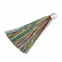 Colorful Fiber Tassel Big Pendant Decorations, with Platinum Plated Brass Finding, Colorful, 70~73x7~25mm, Hole: 1.8mm