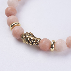 Aventurine Natural Pink Aventurine Beads Stretch Bracelets, with Alloy Finding, Frosted, Buddha's Head, Antique Golden, 2-1/8 inch(55mm)