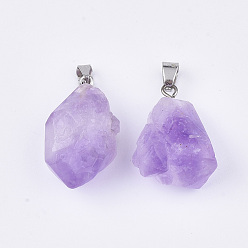 Amethyst Natural Amethyst Pendants, Rough Raw Stone, with Stainless Steel Snap On Bails, Stainless Steel Color, 20~25x13~17x10~15mm, Hole: 3x5.5mm
