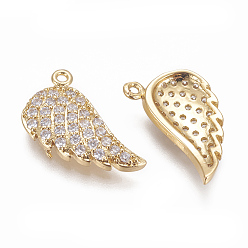 Golden Brass Micro Pave Cubic Zirconia Pendants, Wing, Clear, Golden, 16x15x3mm, Hole: 1mm