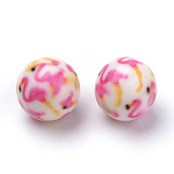 Rose Nacré Perles acryliques imprimés opaques, rond avec motif flamant rose, perle rose, 10x9.5mm, Trou: 2mm