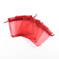 Dark Red Organza Gift Bags, with Drawstring, Rectangle, Dark Red, 12x10cm