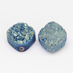 Green Plated Electroplated Natural Druzy Quartz Crystal Beads, Square, Green Plated, 14x14x8~10mm, Hole: 1.5mm