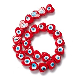 Red Handmade Evil Eye Lampwork Beads, Heart, Red, 14.5~15x15.5~16x6.5~7.5mm, Hole: 1~1.6mm, about 25pcs/strand, 14.02~13.66 inch(34.7~35.6cm)