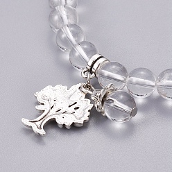 Quartz Crystal Chakra Jewelry, Natural Quartz Crystal Bracelets, with Metal Tree Pendants, 50mm