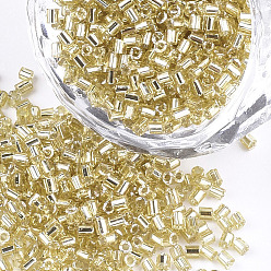 Pale Goldenrod Grade A Glass Seed Beads, Hexagon(Two Cut), Silver Lined, Pale Goldenrod, 1.5~2.5x1.5~2mm, Hole: 0.8mm, about 2100pcs/bag, 450g/bag
