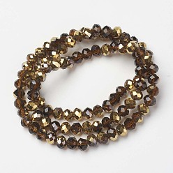 Sienna Electroplate Transparent Glass Beads Strands, Half Golden Plated, Faceted, Rondelle, Sienna, 3x2mm, Hole: 0.8mm, about 150~155pcs/strand, 15~16 inch(38~40cm)