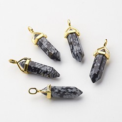 Snowflake Obsidian Natural Snowflake Obsidian Pointed Pendants, with Random Alloy Pendant Hexagon Bead Cap Bails, Golden, Bullet, 37~40x12.5x10mm, Hole: 3x4.5mm