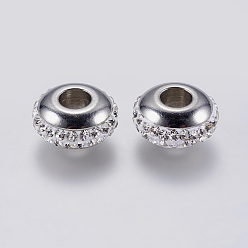 Stainless Steel Color 304 Stainless Steel European Beads, with Polymer Clay Rhinestone, Large Hole Beads, Rondelle, Stainless Steel Color, 14x7mm, Hole: 5mm