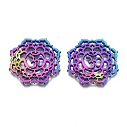 Rainbow Color Eco-Friendly Alloy Filigree Joiners, Cadmium Free & Nickel Free & Lead Free, Flower with Aum/Om Symbol, Rainbow Color, 26x26x2mm