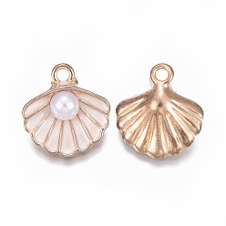 Linen Zinc Alloy Enamel Pendants, with ABS Plastic Imitation Pearl, Shell, Light Gold, Linen, 15.5x14.5x6mm, Hole: 2mm