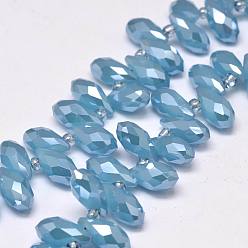 Deep Sky Blue Electroplate Glass Beads Strands, Top Drilled Beads, Full Rainbow Plated, Faceted, Teardrop, Deep Sky Blue, 12x6mm, Hole: 1mm