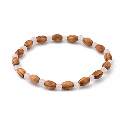 Quartz Rose Bracelets en perles extensibles, avec des perles en bois et des perles de quartz rose naturel, diamètre intérieur: 2-1/4 pouce (5.6 cm)