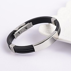 Noir PU la mode des bracelets de cuir cordon, avec 304 inoxydable charmes curseur en acier et fermoirs de bracelet, noir, 68x54mm