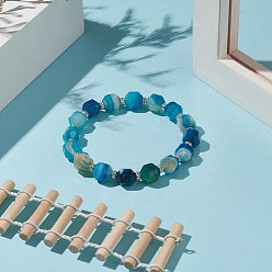 Natural Agate Dyed Natural Agate Beaded Stretch Bracelet with Brass Rhinestone Spacer, Blue Series Bracelets for Women, Inner Diameter: 2-1/2 inch(6.2cm)