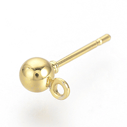 Golden Iron Ball Stud Earring Findings, with Loop, Golden, 6.5x4mm, Hole: 1mm, Pin: 0.8mm