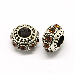 Coffee Alloy Rhinestone European Beads, Rondelle Large Hole Beads, Coffee, 11x7mm, Hole: 4.5mm