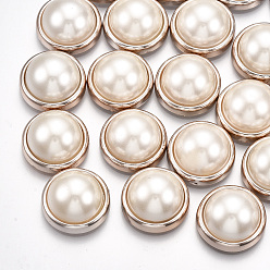 Creamy White ABS Plastic Imitation Pearl Cabochons, with UV Plating Acrylic Findings, Half Round, Light Gold, Creamy White, 17x9mm