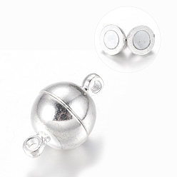 Silver Brass Magnetic Clasps with Loops, Round, Silver Color Plated, 16x10mm, Hole: 1.2mm