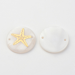 Golden Freshwater Shell Links connectors, Flat Round with Gold Blocking Starfish/Sea Stars, Golden, 20x3~4mm, Hole: 1.5mm