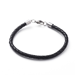 Stainless Steel Color Braided Leather Bracelets Making, with 304 Stainless Steel Cord End Caps and Lobster Claw Clasps, Stainless Steel Color, 7-1/4 inch(18.5cm), 4mm