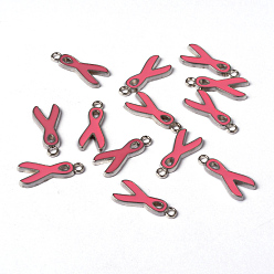 Pink October Breast Cancer Pink Awareness Ribbon Alloy Enamel Pendants, Lead Free and Cadmium Free, Platinum Metal Color, 19x8x1mm, Hole: 2mm