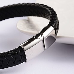 Noir Cuir à la mode des bracelets de corde tressée, avec 304 fermoirs magnétiques en acier inoxydable, noir, 220x12x6mm