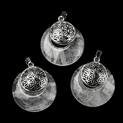 Quartz Crystal Natural Quartz Crystal Pendants, Rock Crystal Pendants, Spiritual Charms, with Platinum Tone Brass Findings, Flat Round with Flower of Life/Sacred Geometry, 32~32.5x28~30x7~7.5mm, Hole: 5x8mm