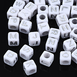 Letter Silver Plating Acrylic Beads, Metal Enlaced, Cube, White, Random Mixed Letters, 6x6x6mm, Hole: 3mm, about 2995pcs/500g