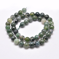Sea Green Natural Moss Agate Beads Strands, Round, Faceted, Sea Green, 8mm, Hole: 1mm, about 48pcs/strand, 15.1 inch