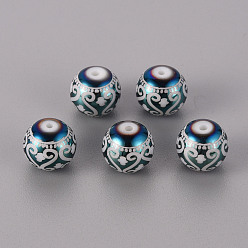 Green Plated Electroplate Glass Beads, Round with Patten, Green Plated, 10mm, Hole: 1.2mm